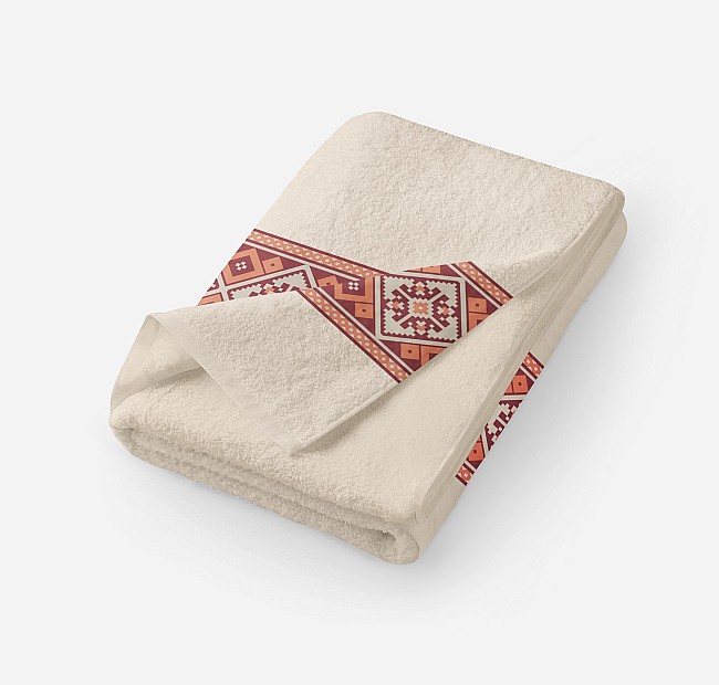 Хавлиена кърпа фолклорни мотиви Катарина екрю 30/50, 50/90, 70/140 - Качествена, плътна хавлия за баня с размери по избор от 30/50, 50/90 или 70/140 см в цвят екрю (светло бежово) и десен на шевици.