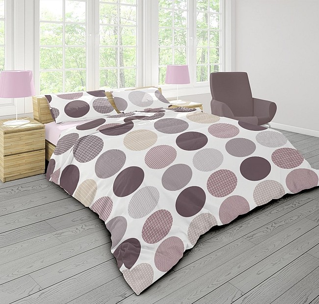 Лилаво спално бельо Ава на точки - ранфорс - Висококачествено спално бельо от чист памук- Ранфорс с графичен дизайн в прекрасни цветове, успокояващи погледа.