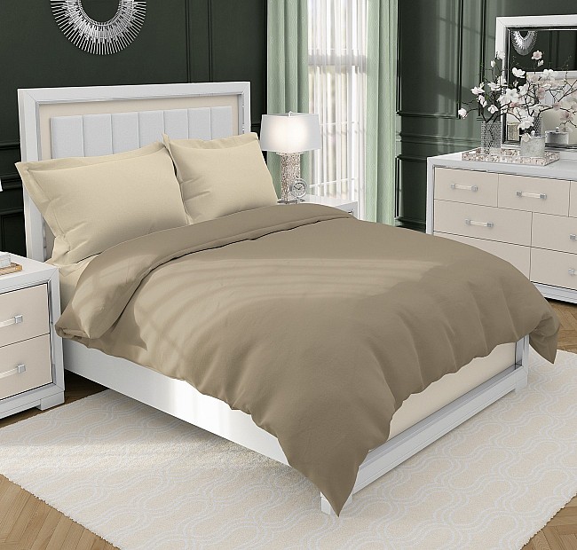 Спално бельо от памучен сатен голяма спалня тупе и екрю - Двуцветно Спално Бельо в таупе и екрю.
