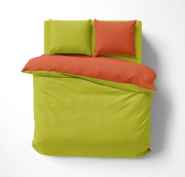 Двуцветно спално бельо Зелен - Оранжев - Меко и приятно, двуцветно спално бельо в зелено и оранжево, произведено от 100 % Памучен плат- Ранфорс.