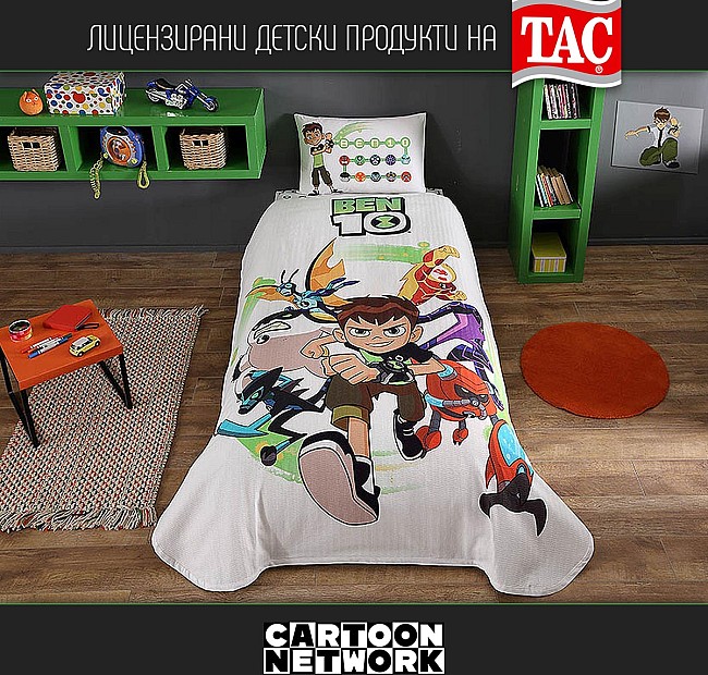 Детски спален комплект Пике ben 10 с чаршаф с ластик, Спалното Бельо - Магазин за спално бельо Детски спален комплект Пике ben 10 с чаршаф с ластик - детски комплект пике / покривало 160 х 230, чаршаф с ластик 100 х 200, калъфка 50 х 70 tac.