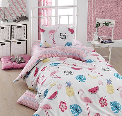 Единично спално бельо ранфорс Фламинго Лято - двуцветно