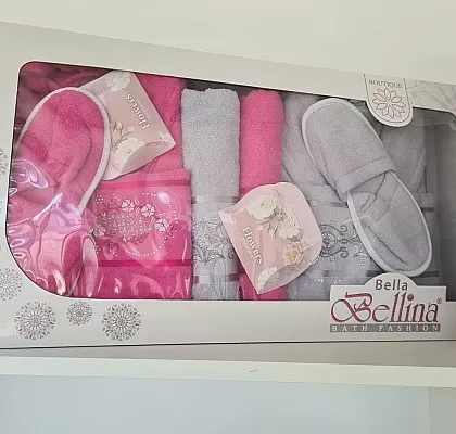 Комплект Халати, кърпи, чехли и сапун Bella розово и сиво