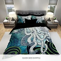 3D спално бельо от био памук Blue Octopus - Дизайнерско спално бельо с уникален сублимационен принт в наситени пастелени тонове на сини октоподи в стилизиран уникален стил.
