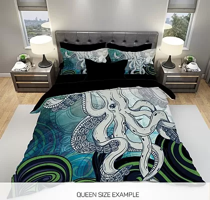 3D спално бельо от био памук Blue Octopus