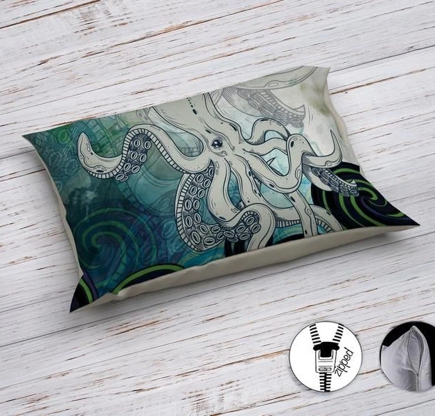 3D спално бельо от био памук Blue Octopus - Дизайнерско спално бельо с уникален сублимационен принт в наситени пастелени тонове на сини октоподи в стилизиран уникален стил.