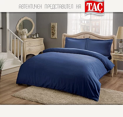 Едноцветно спално бельо памучен сатен Тач - Тъмносиньо - 4 части