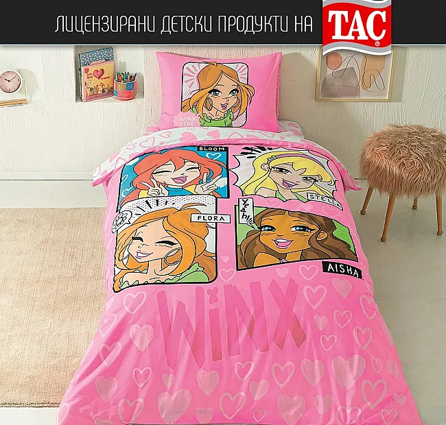 Детско спално бельо ТАЧ - WINX GIRLS CLUB - Ранфорс, с чаршаф с ластик, Спалното Бельо - Магазин за спално бельо Детско спално бельо ТАЧ - WINX GIRLS CLUB - Ранфорс, с чаршаф с ластик - ТАЧ WINX GIRLS CLUB – Магическа феерия в детската стаяПревърнете детската стая в магически свят с новото спално бельо ТАЧ WINX GIRLS CLUB!
