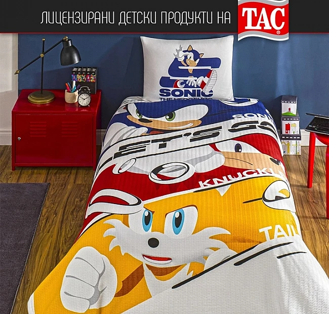 Детско спално бельо ТАЧ ПИКЕ - SONIC MODERN - чаршаф с ластик, Спалното Бельо - Магазин за спално бельо Детско спално бельо ТАЧ ПИКЕ - SONIC MODERN - чаршаф с ластик - Спален комплект "Sonic Modern" – вълнуващо бягство всяка нощ Открийте детския спален комплект "Sonic Modern" от TAÇ – идеалната комбинация от любимите герои и комфорт за е