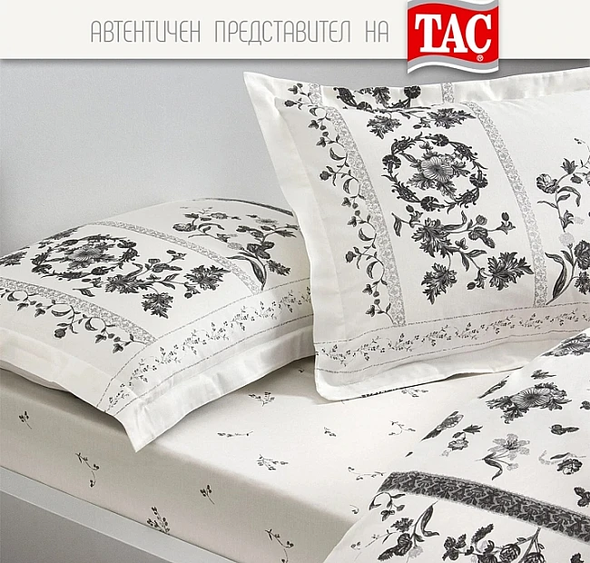 Спално бельо ТАЧ САТЕН - CLYMENA - голяма спалня, Спалното Бельо - Магазин за спално бельо Спално бельо ТАЧ САТЕН - CLYMENA - голяма спалня - Спален комплект „Clymena“ – луксозен сатен за двойно легло ????Открийте изяществото на двойният спален комплект „Clymena“ от TAÇ, изработен от 100 % памучен сатен, с деликатен флорален принт в графитено с