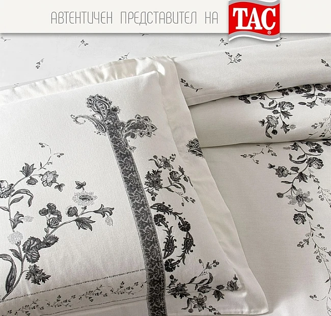 Спално бельо ТАЧ САТЕН - CLYMENA - голяма спалня, Спалното Бельо - Магазин за спално бельо Спално бельо ТАЧ САТЕН - CLYMENA - голяма спалня - Спален комплект „Clymena“ – луксозен сатен за двойно легло ????Открийте изяществото на двойният спален комплект „Clymena“ от TAÇ, изработен от 100 % памучен сатен, с деликатен флорален принт в графитено с
