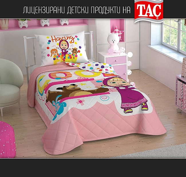 Детски спален комплект олекотена завивка Маша и Мечока - Тач Турция - Детски комплект олекотена завивка за легло, ранфорс завивка - 160 х 220 см + калъфка за възглавница - 50 х 70 см, tac.