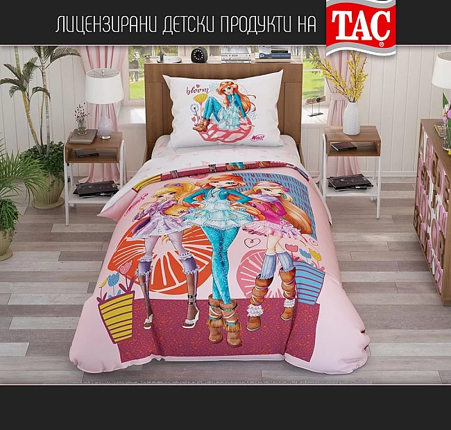 Марково Детско спално бельо Winx Flowers Tac Ранфорс - Детски спален комплект Ранфорс с плик 160 х 220 см, долен чаршаф с ластик 100 х 200 см, калъфка 50 х 70 см на световноизвестната турска фирма tac, изработен от 100% памук от типа Ранфорс с висока плът